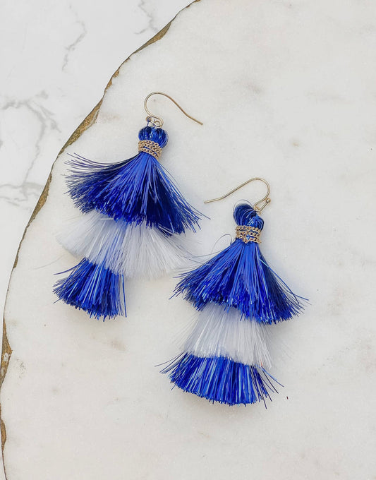 Tinsel Tassel Earrings Royal Blue & White💙🤍